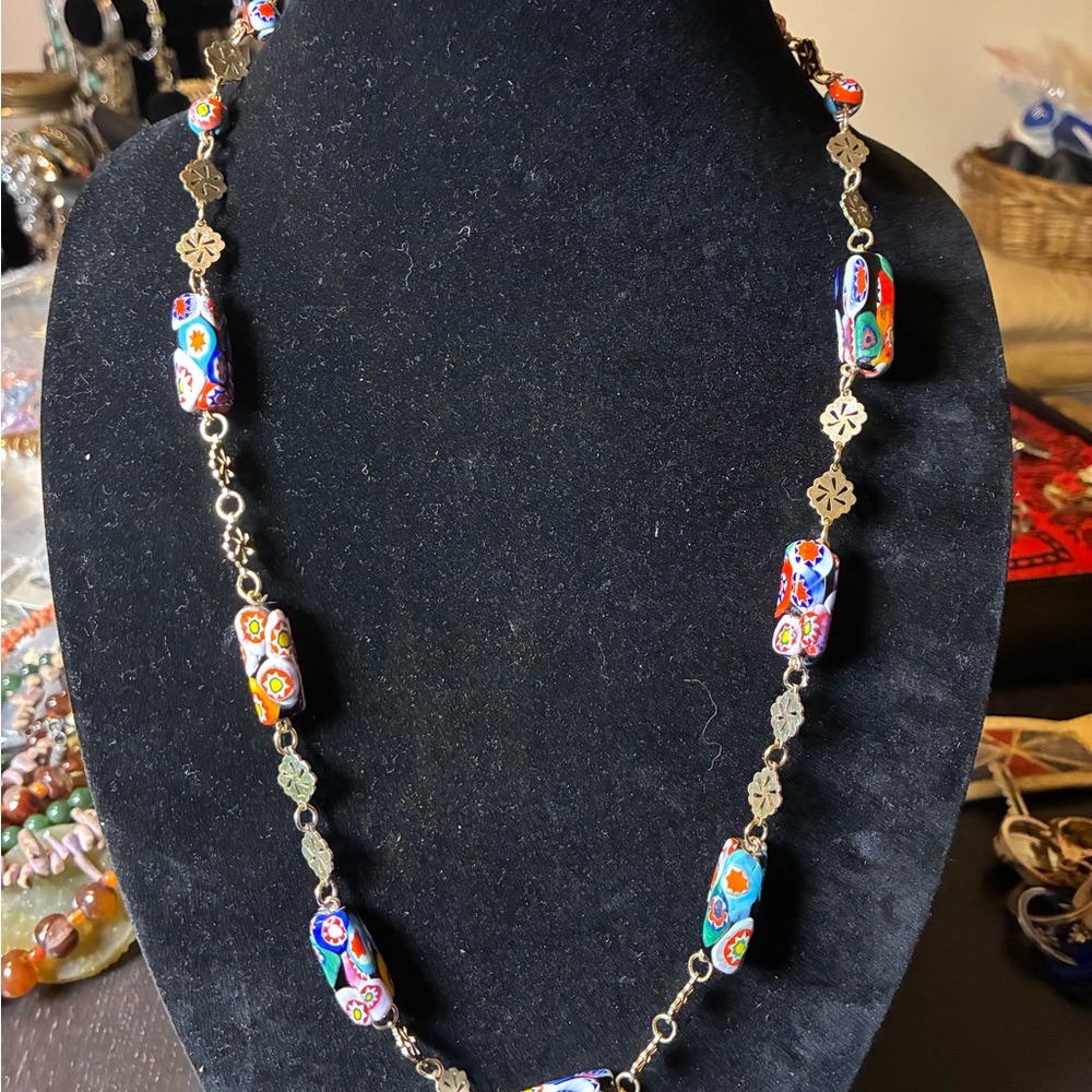 Vintage Italian Murano Venetian Millefiori Art Glass Beaded Necklace.